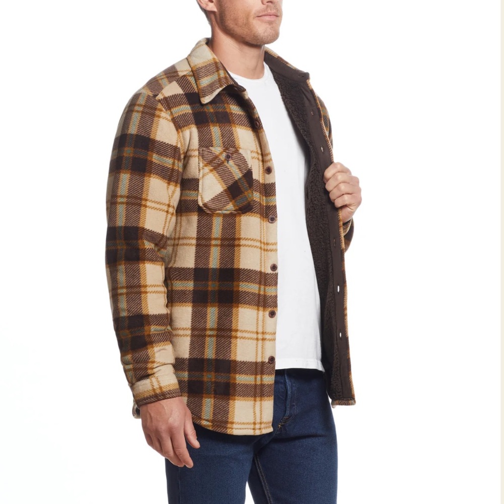 Sherpa Lined Shirt Jacket In Black and Brownn Plaid Sz Large with pockets